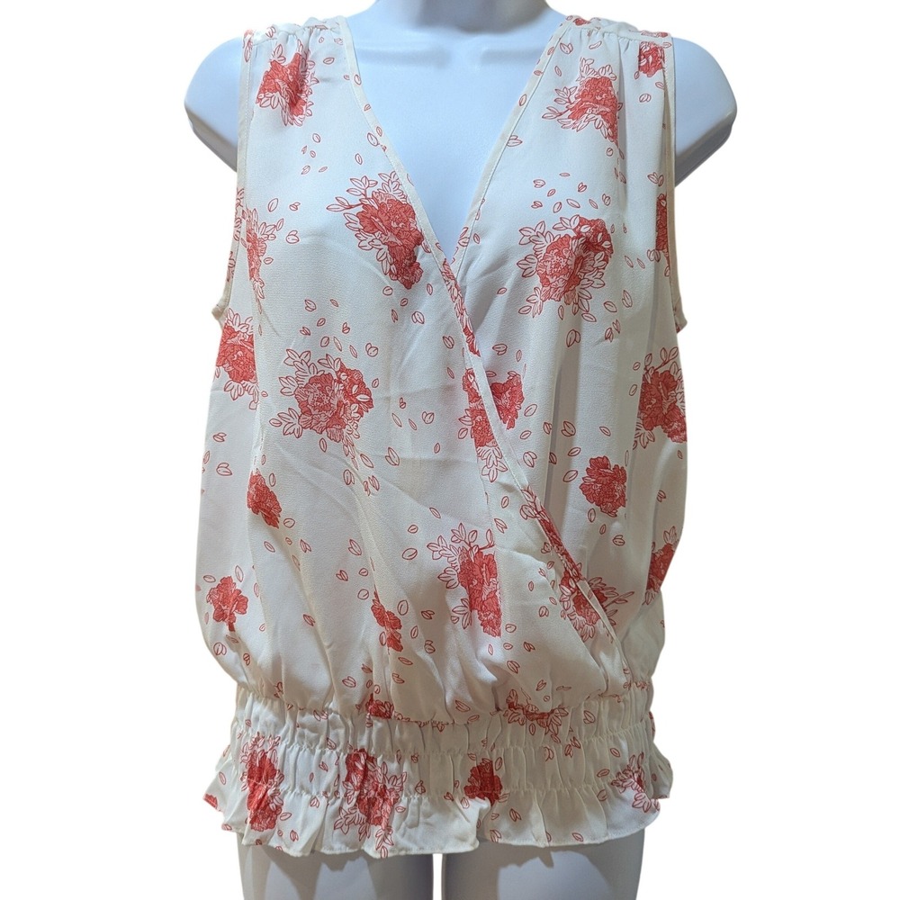 Collective Concepts Womens Floral Smocked Hem Blouse Coral Cream Sleeveless Sm